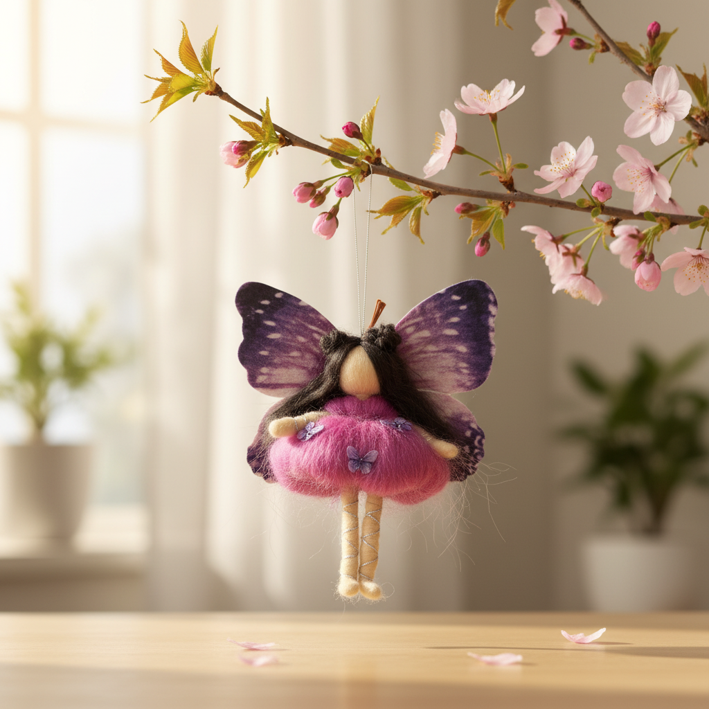 Handmade Purple Butterfly Fairy Ornament - Whimsical Felted Sprite Hanging Decoration
