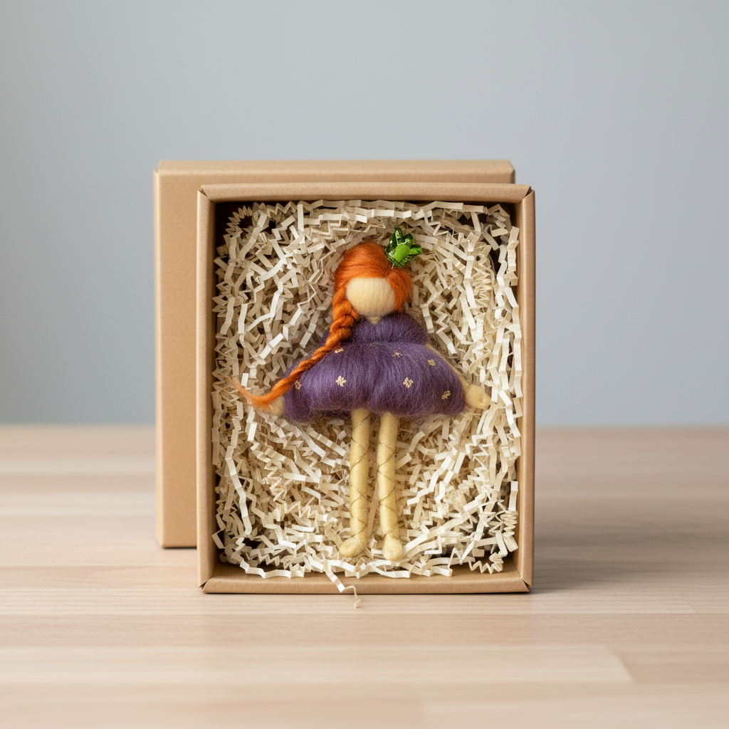 Handmade Felt Princess Doll Ornament with Green Crown | Whimsical Fairy Figurine