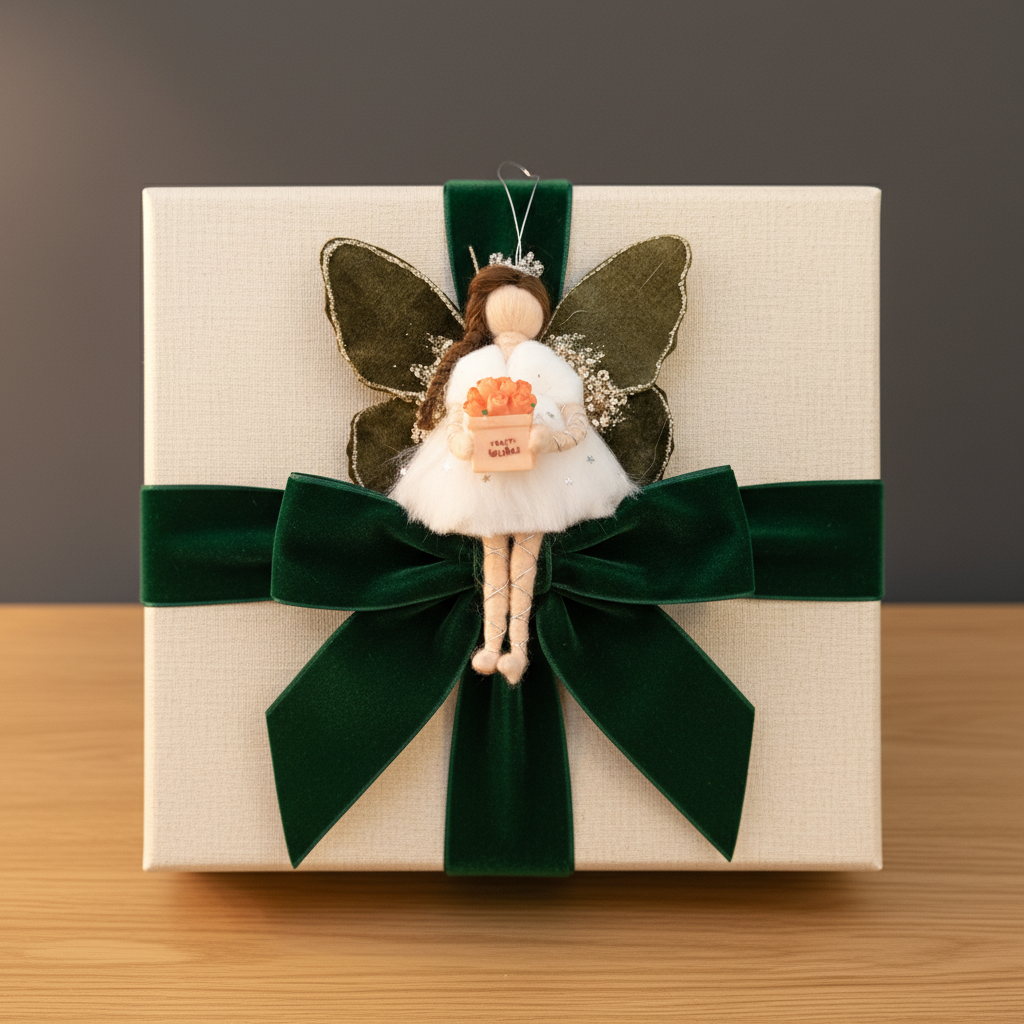 Handmade Best Wishes Fairy Ornament with Green Velvet Wings and Roses
