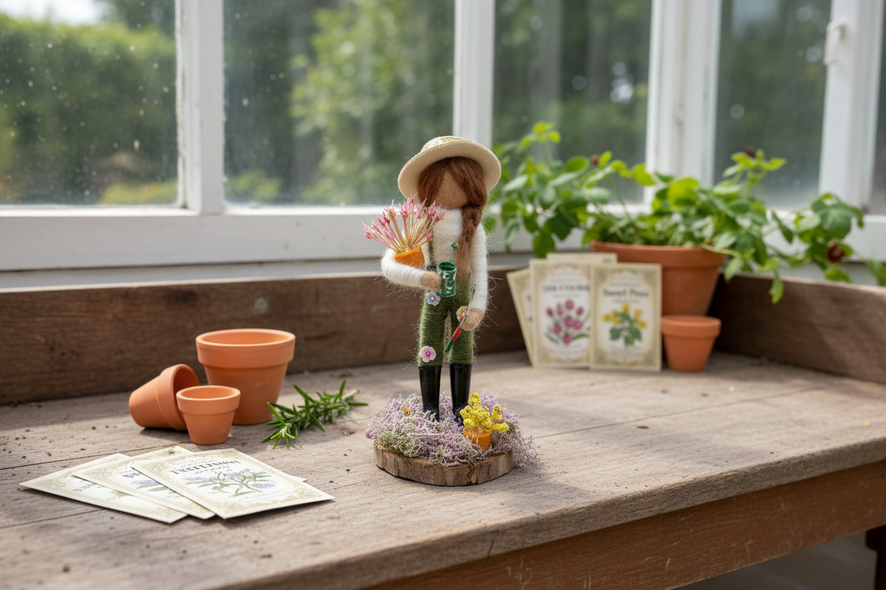 Handcrafted Felted Gardener Figurine – Nature-Inspired Wool Sculpture
