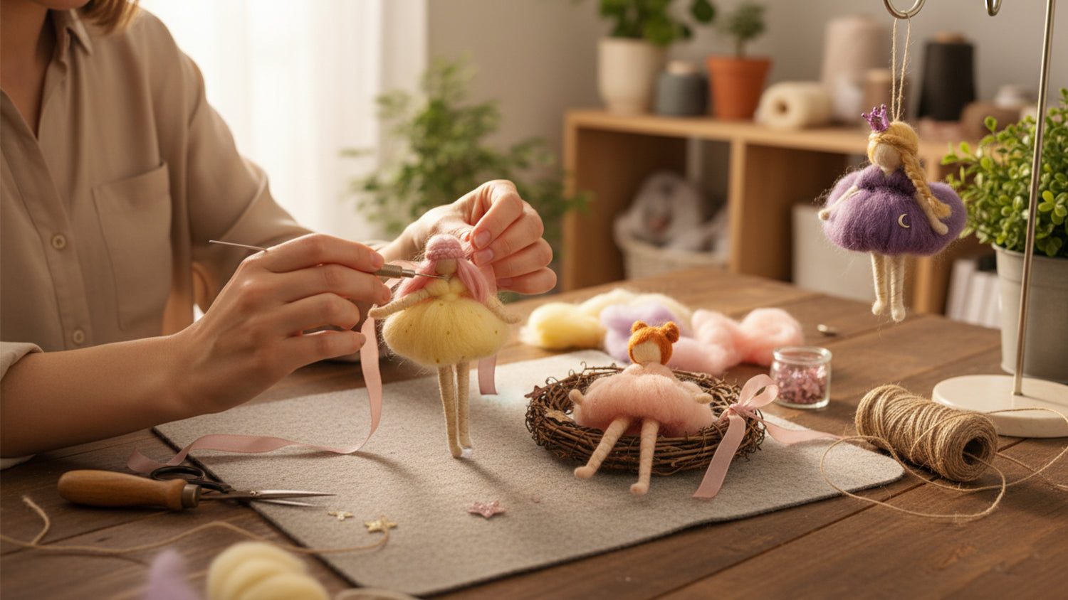 Person crafting small decorative figures on a wooden table with plants in the background