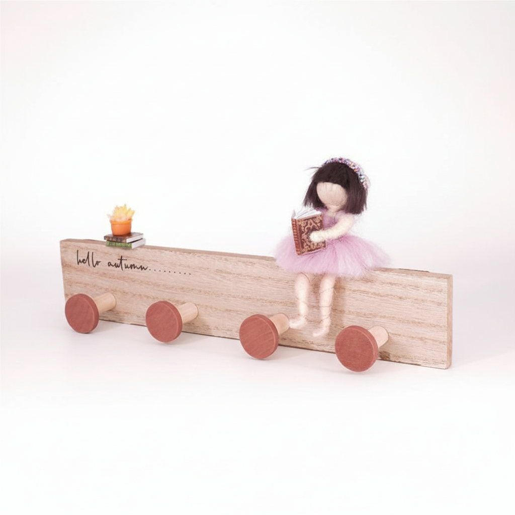 Handmade Key & Jewellery Holder with Needle-Felted Doll - Autumn-Themed Wall-Mounted Organiser, Wooden Decor, Unique Gift