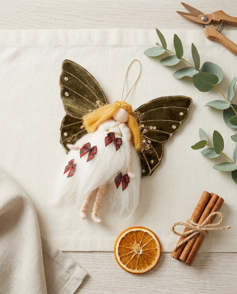 Artisanal flat-lay of the Tartan Fairy Christmas ornament on natural ivory linen beside dried orange slices and cinnamon sticks in winter daylight