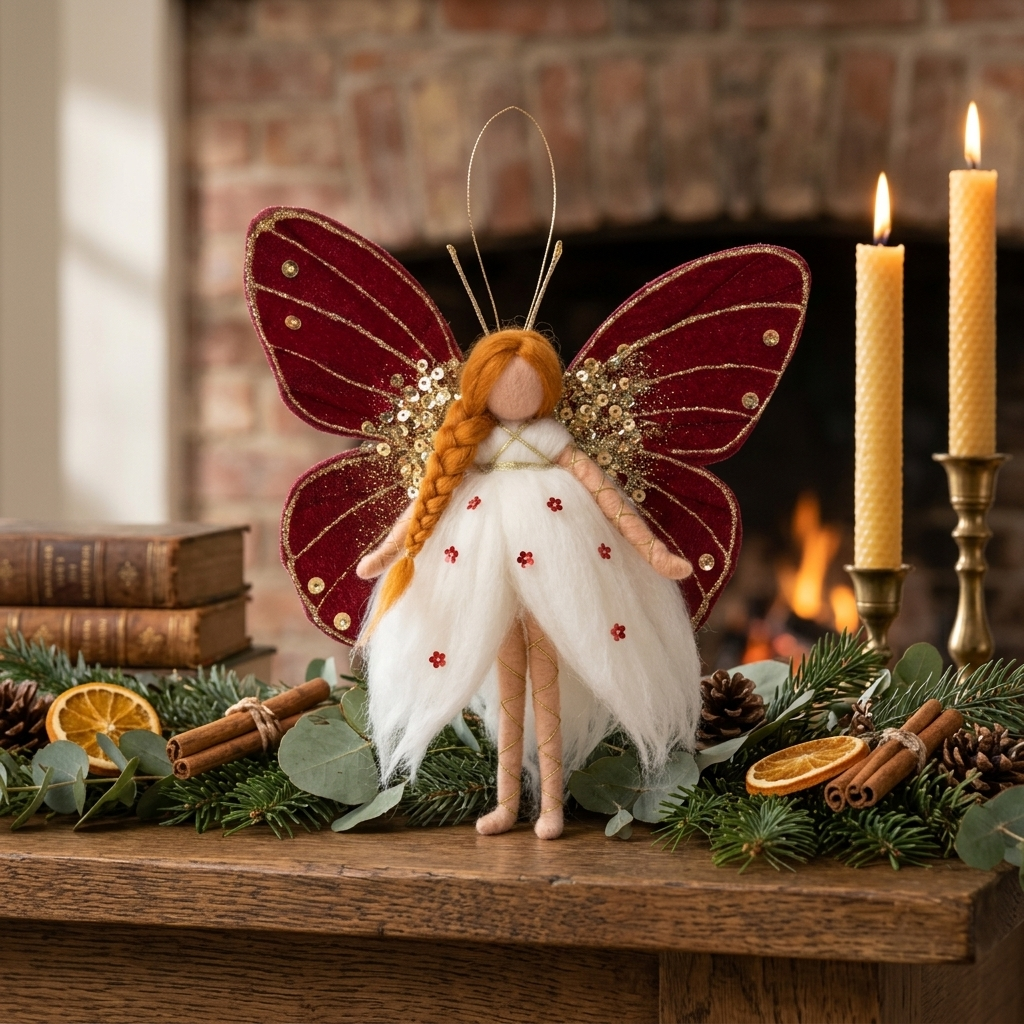Crimson butterfly fairy ornament gracefully staged on a cozy holiday fireplace mantel amidst lush cedar greenery, dried orange slices, cinnamon sticks, and warm candlelight
