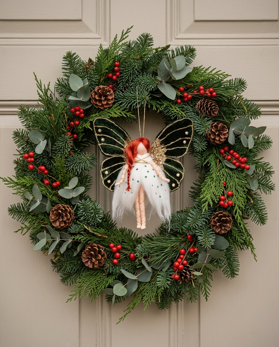 Emerald Butterfly Fairy hanging ornament (21 cm tall, 20 cm wide) styled centrally in the opening of a handcrafted festive evergreen wreath on an elegant door