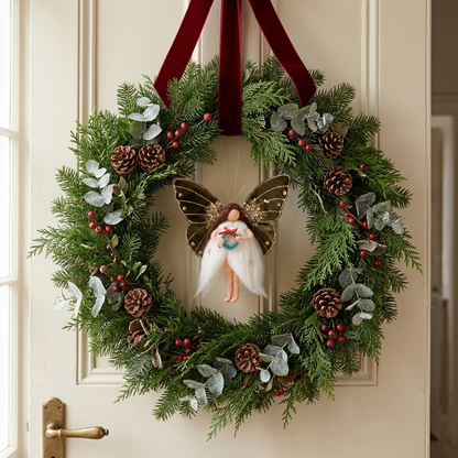 Handcrafted butterfly fairy ornament suspended in the center of an evergreen and eucalyptus holiday wreath on an elegant paneled door