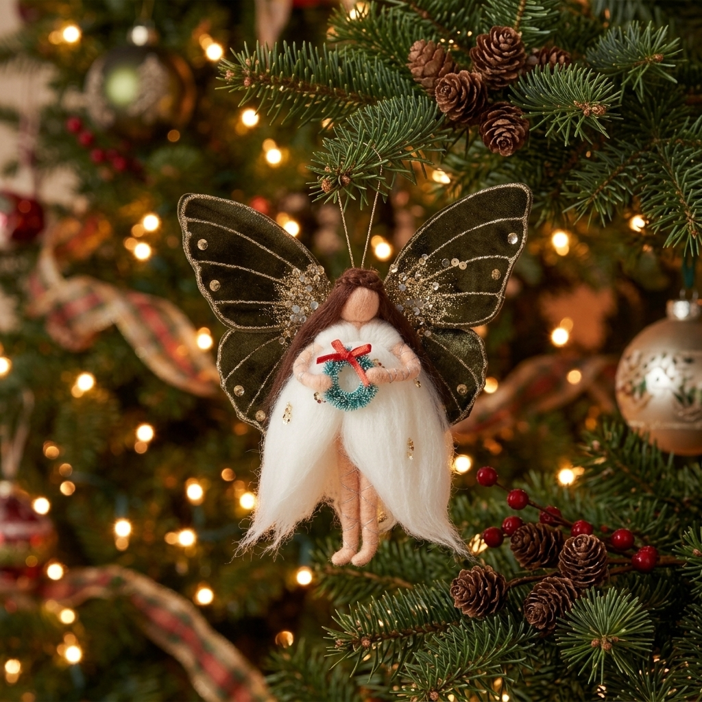 Handcrafted butterfly fairy ornament hanging gracefully from a lush evergreen Christmas tree branch amidst warm twinkling lights