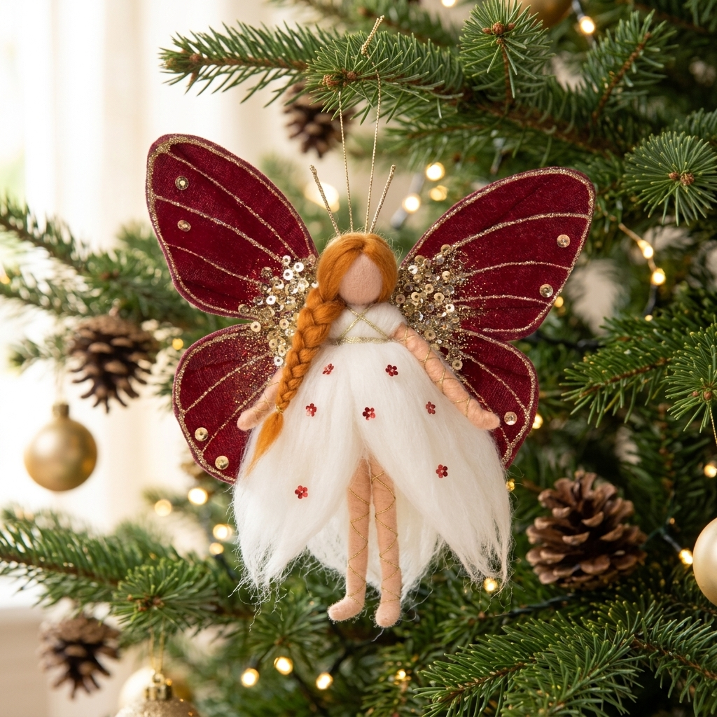 Crimson butterfly fairy ornament hanging delicately from an evergreen pine branch of a decorated Christmas tree with glowing warm lights and rustic festive accents, perfectly proportional at 21 cm tall and 20 cm wide