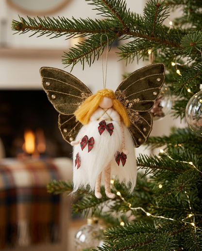 Tartan Fairy Christmas ornament hanging from an evergreen pine tree branch beside a cozy glowing fireside hearth