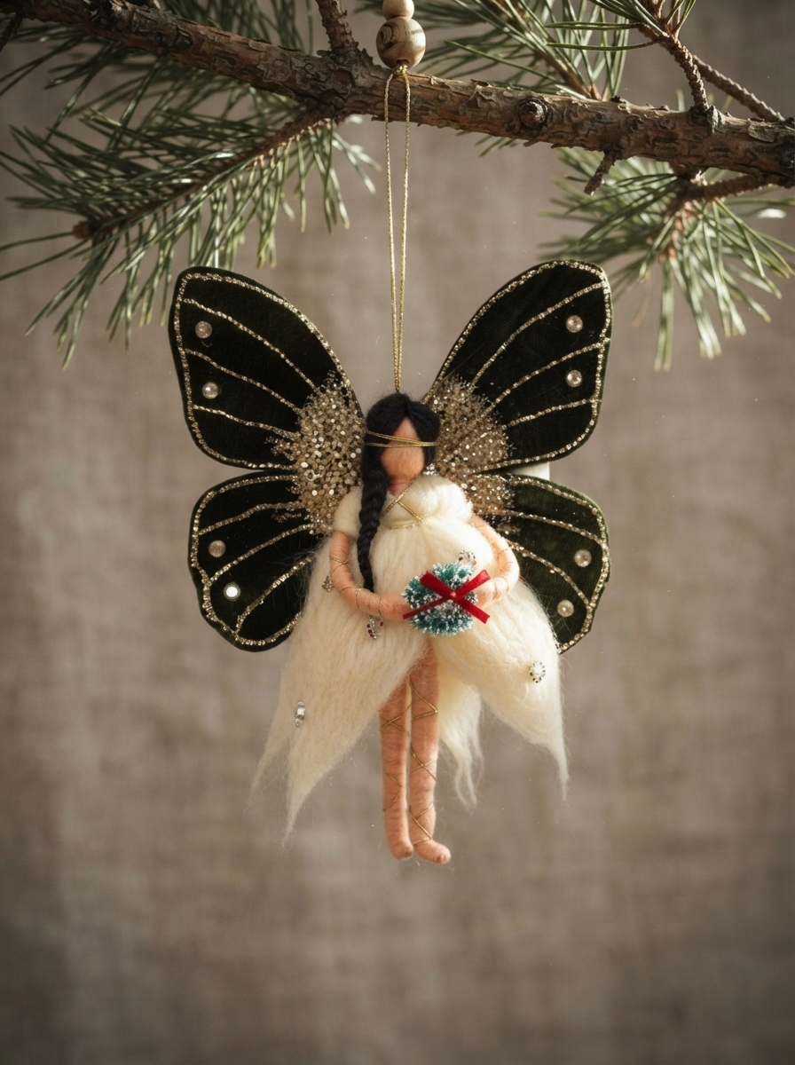 Forest Fairy Hanging Ornament with Green Velvet Wings