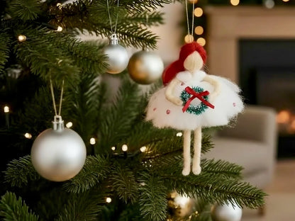 Winter Wreath Fairy – Handcrafted Christmas Ornament with Red Hair and Green Wreath