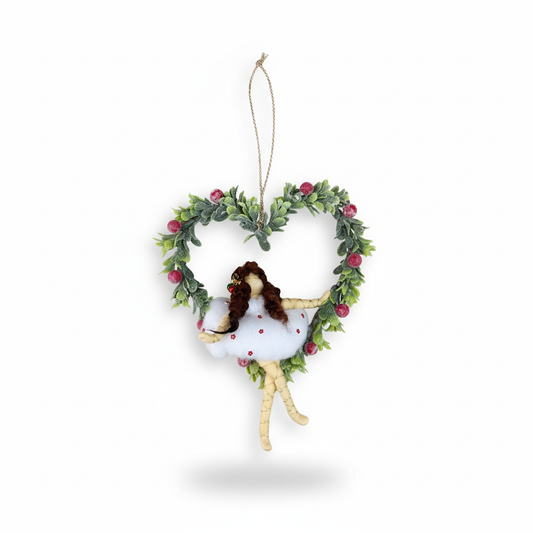 Heart of Winter Fairy Ornament – Handcrafted Fabric Doll in Festive Wreath