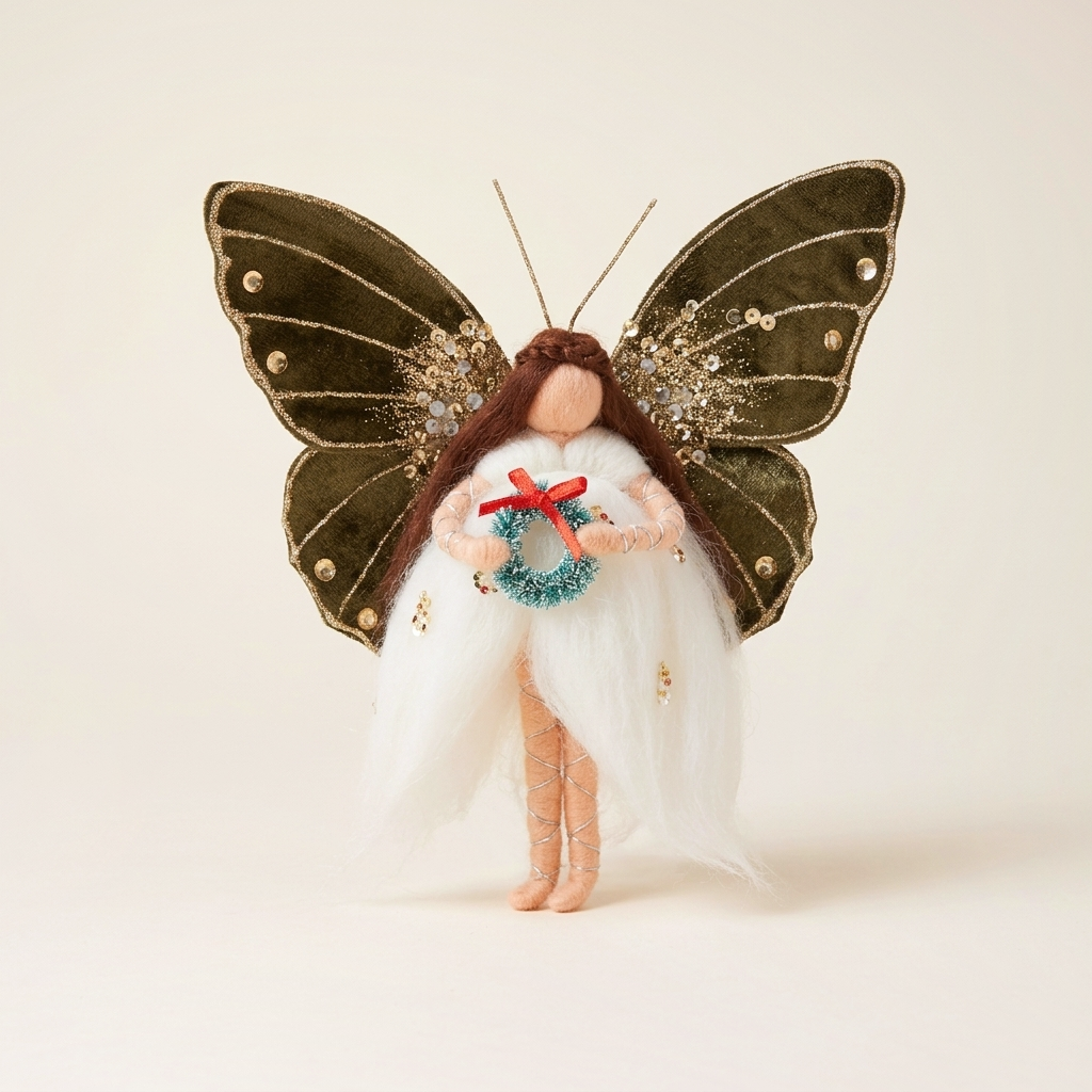 Handcrafted butterfly fairy Christmas ornament with olive green velvet wings and wreath on a seamless warm cream studio cyclorama