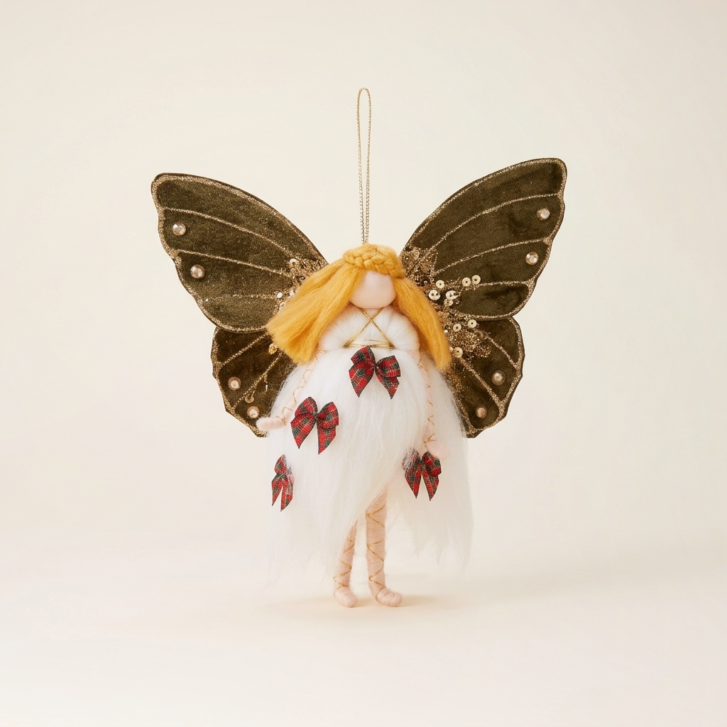 Handmade Tartan Fairy hanging Christmas ornament with olive green velvet wings and tartan bows on a seamless warm cream studio cyclorama