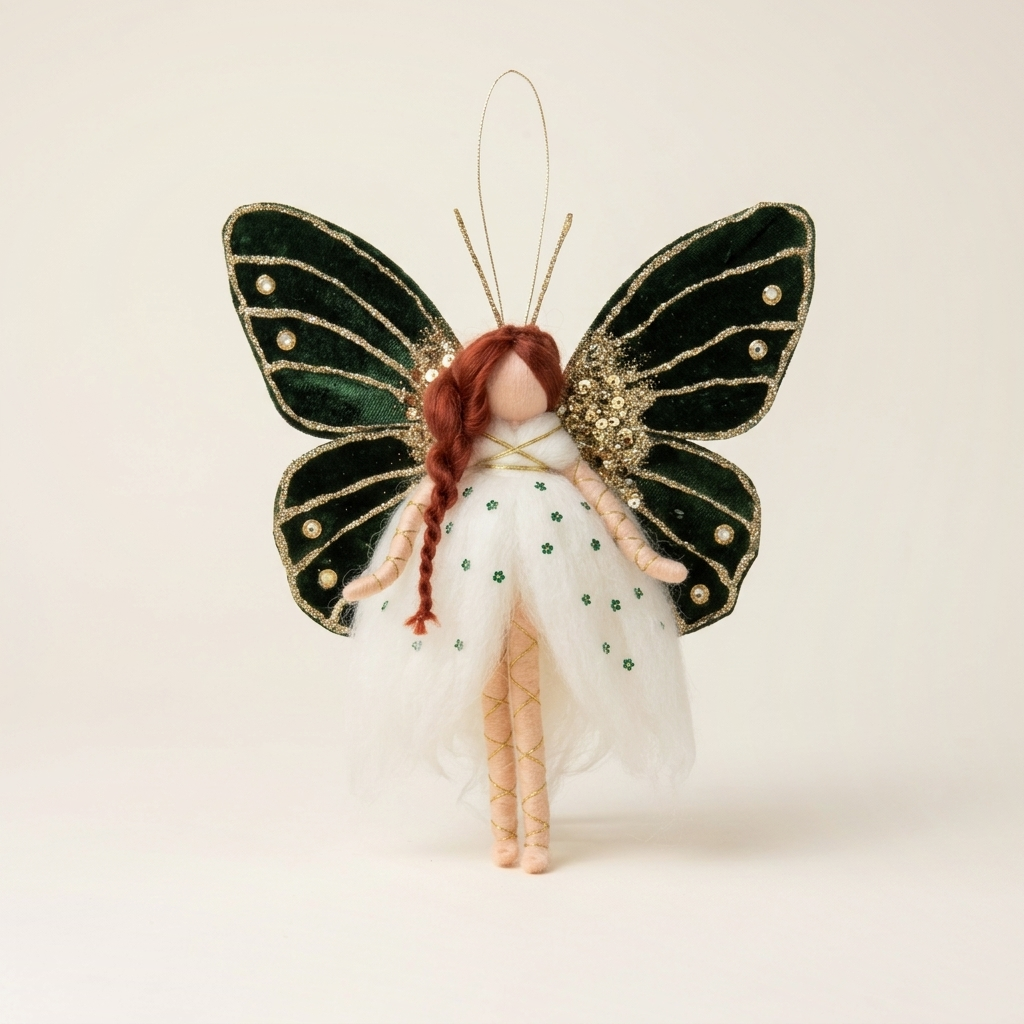Handmade Emerald Butterfly Fairy hanging ornament with dark green velvet wings on a seamless warm cream studio cyclorama