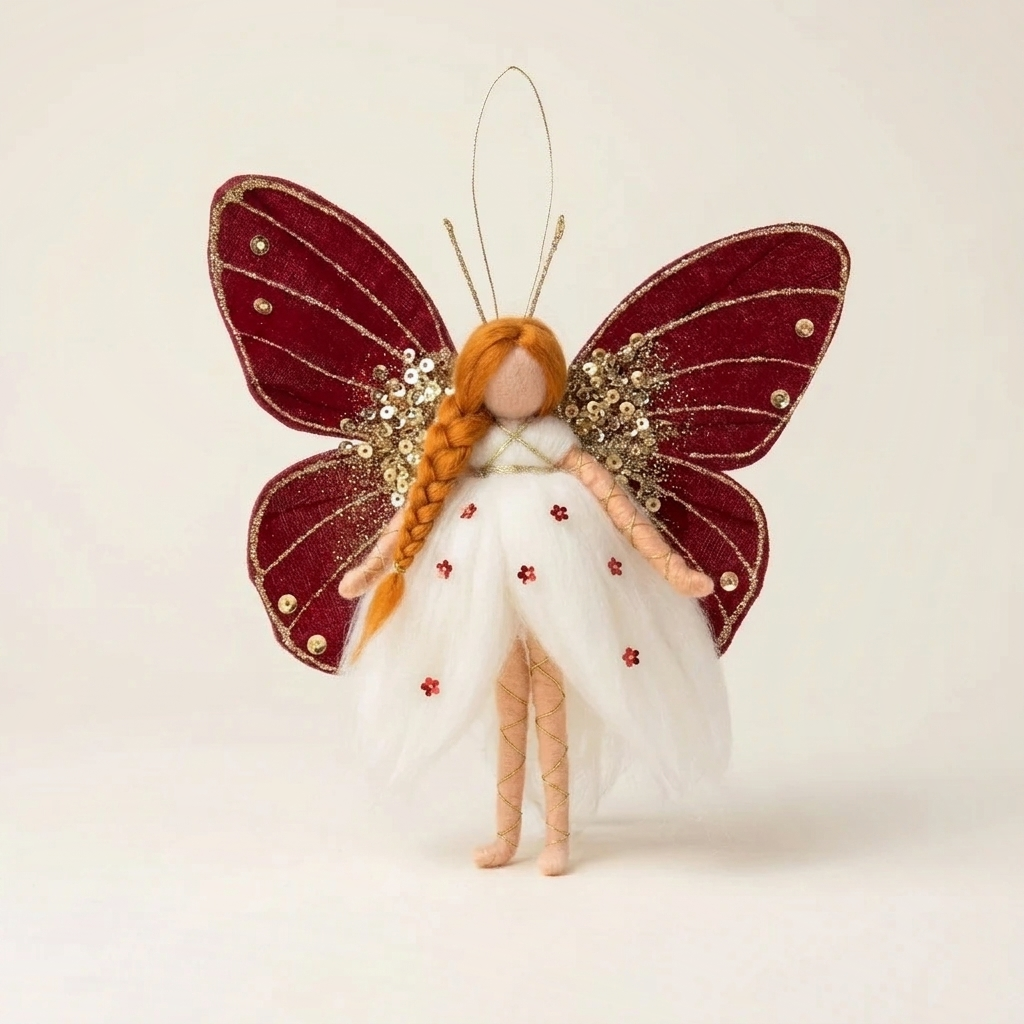 Handmade Crimson Butterfly Fairy hanging Christmas tree ornament with rich velvet wings on a seamless warm cream studio cyclorama